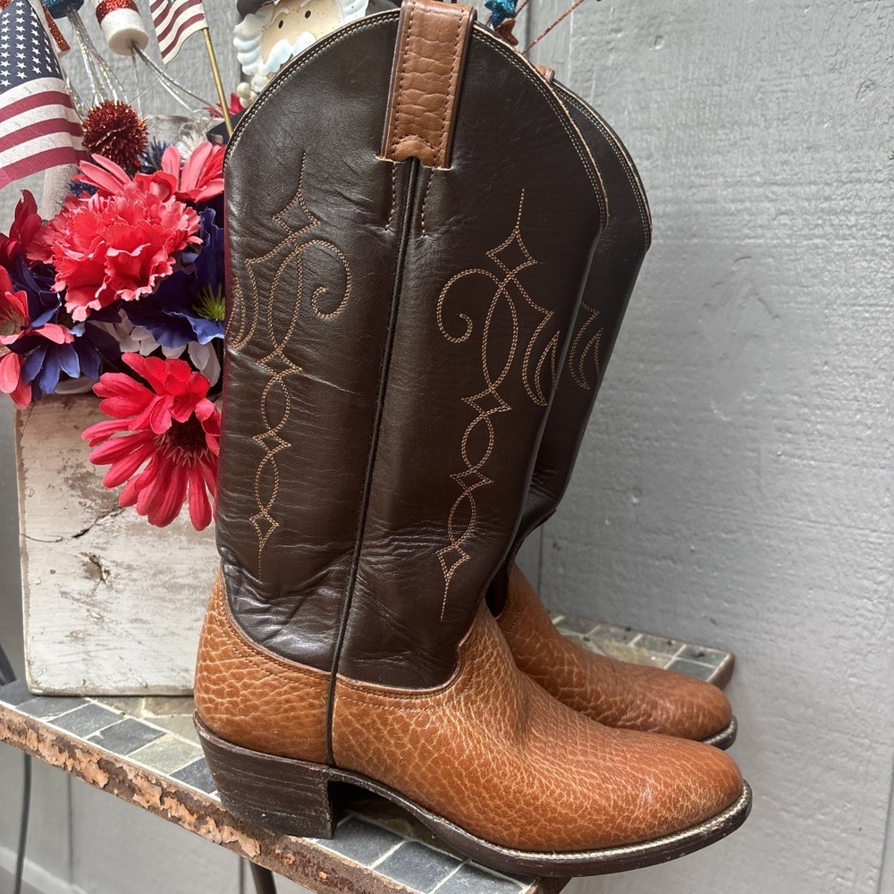 Justin Western Cowboy Boots Women 8 Men 6.5 Tan Brown Leather VTG USA MADE EUC